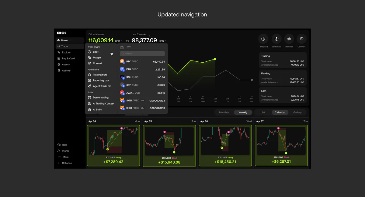 Home and Trade before and after, the updated navigation, and the derivatives suite — 3 of 6