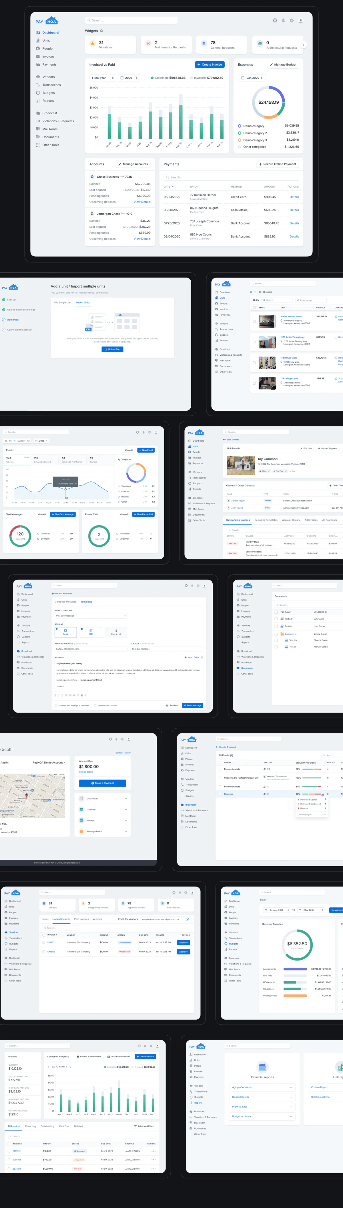 The shipped PayHOA product — dashboard, invoicing, communications and compliance screens
